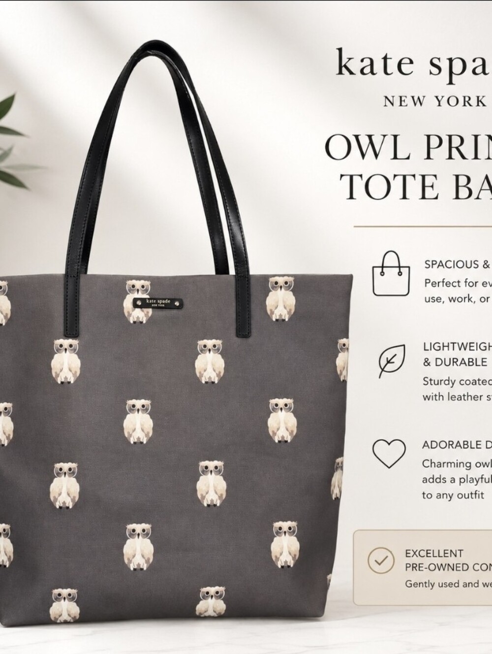 Kate Spade RARE RETIRED New York Owl Tote Bag Gray Canvas Black Leather Handles